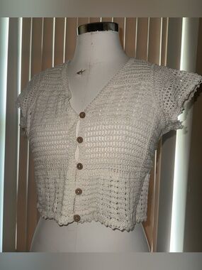 White crochet 100% cotton button up top/ cardigan